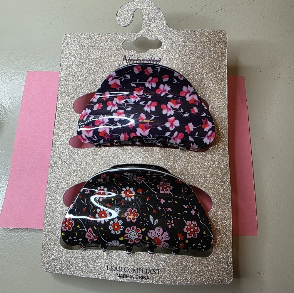 Natasha Floral Hair Clips - Pink and Black 2 Pack New